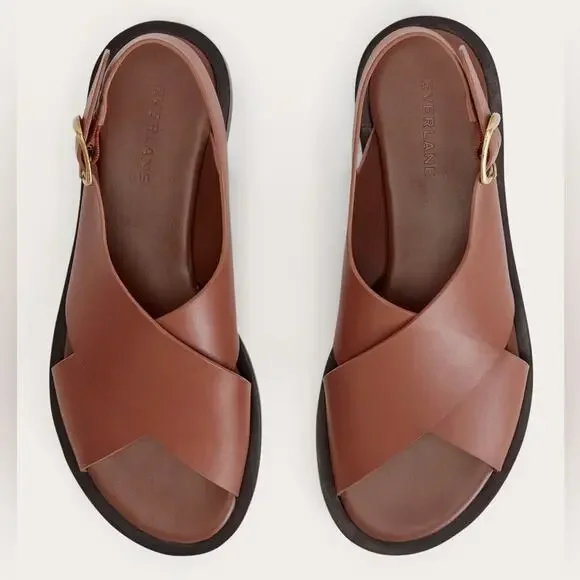 Everlane City Crossover Sandal Rum Brown Leather Flat Buckle Strap Size 5 New - Picture 2 of 8